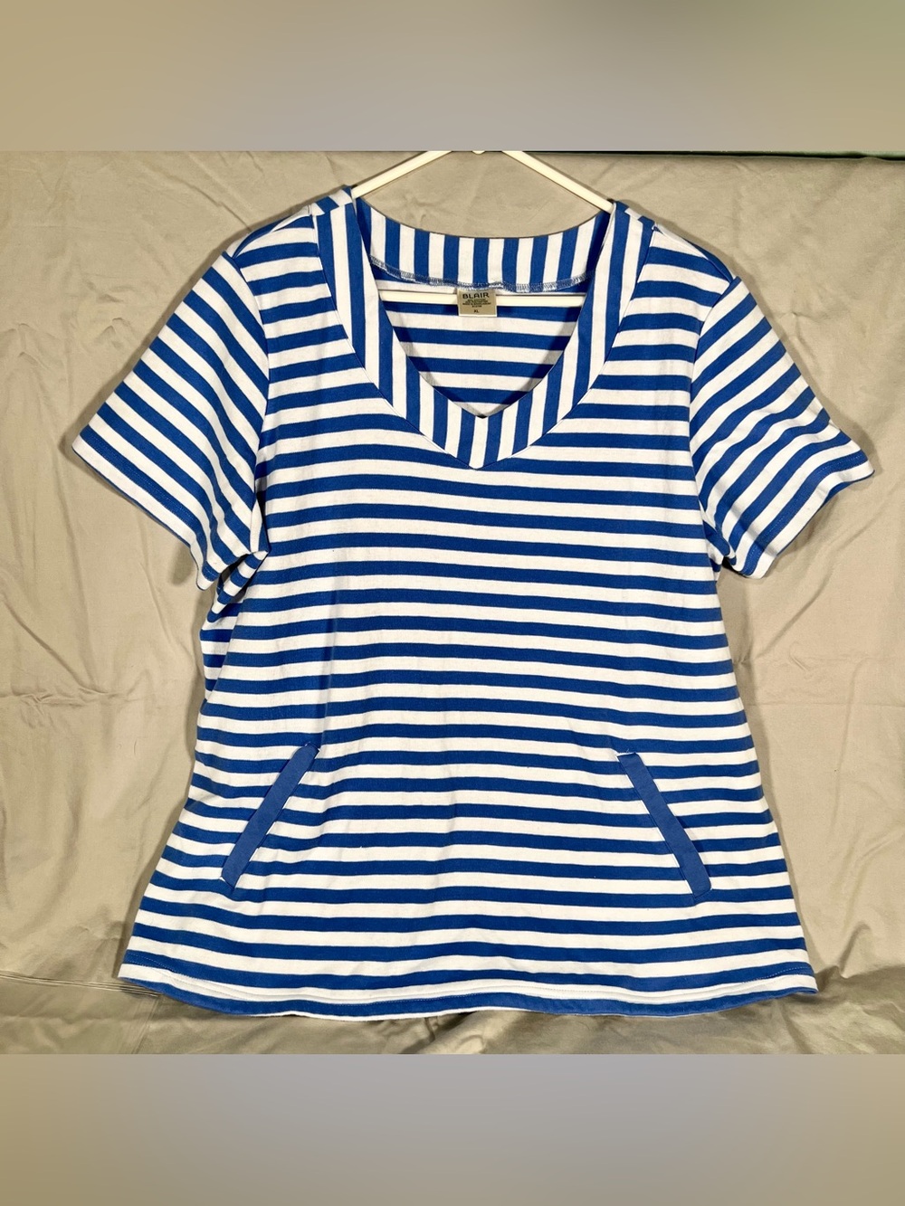B-022 Women’s Blair Blue and White Striped V-Neck Top